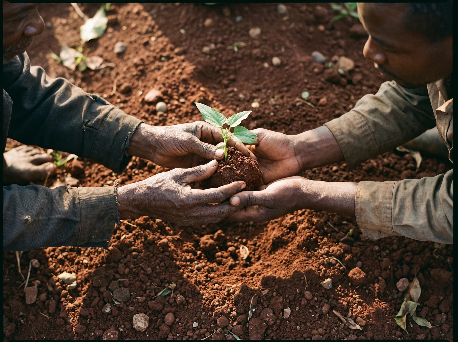 One pair of hands passes a seedling to another