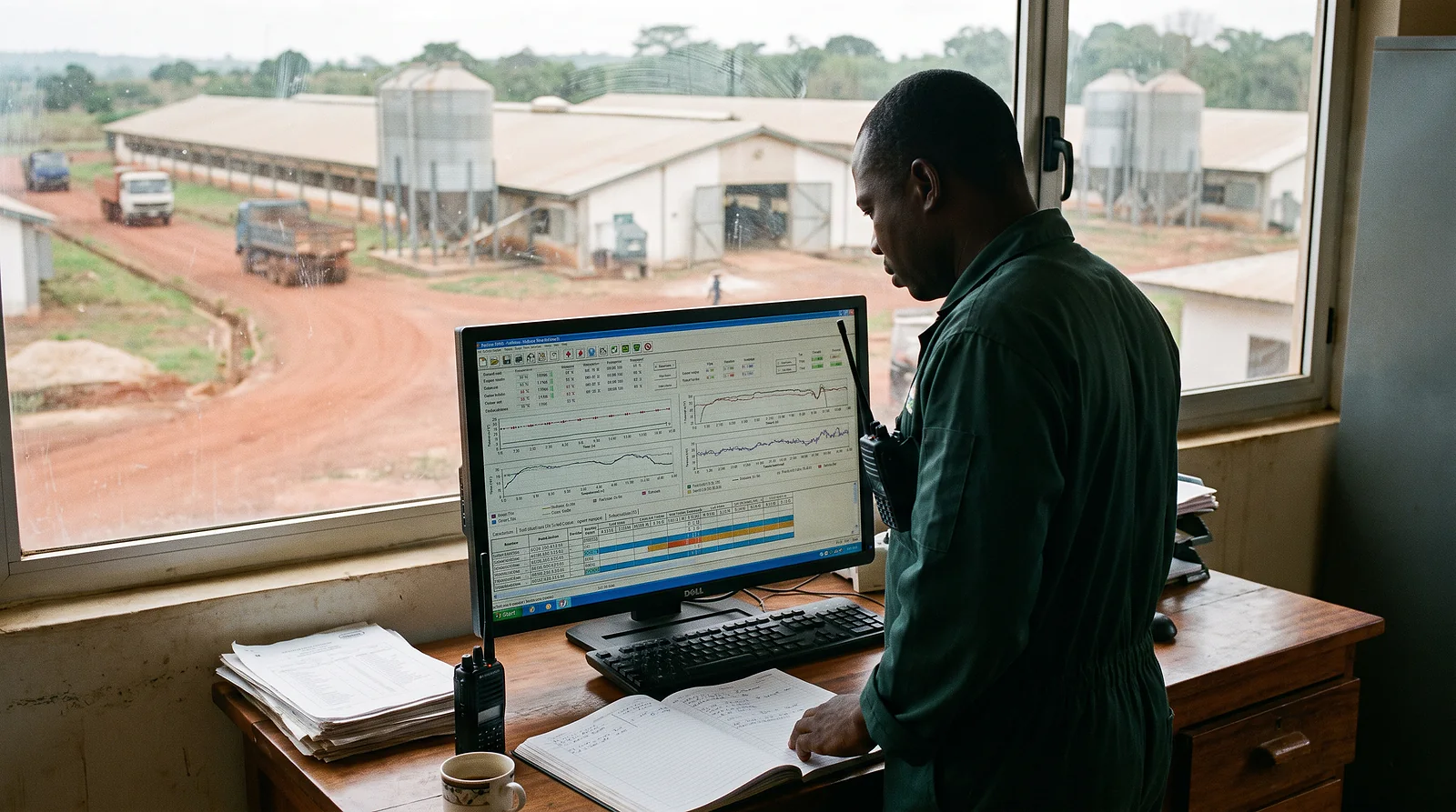 A farm office with production records on screen