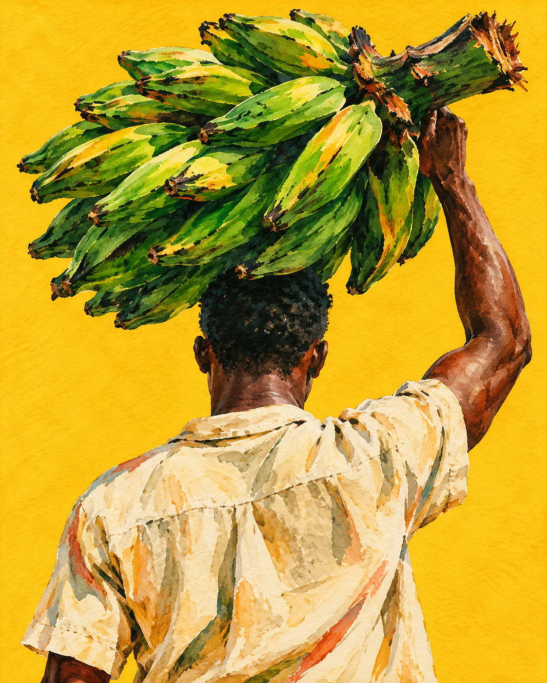 Watercolour of a farmer carrying plantain on her head