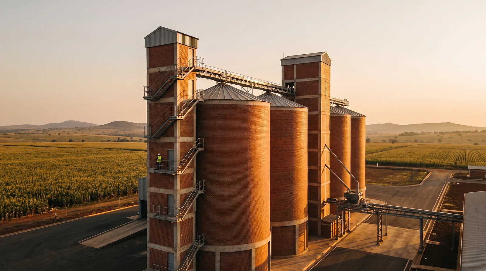 Brick silos at last light