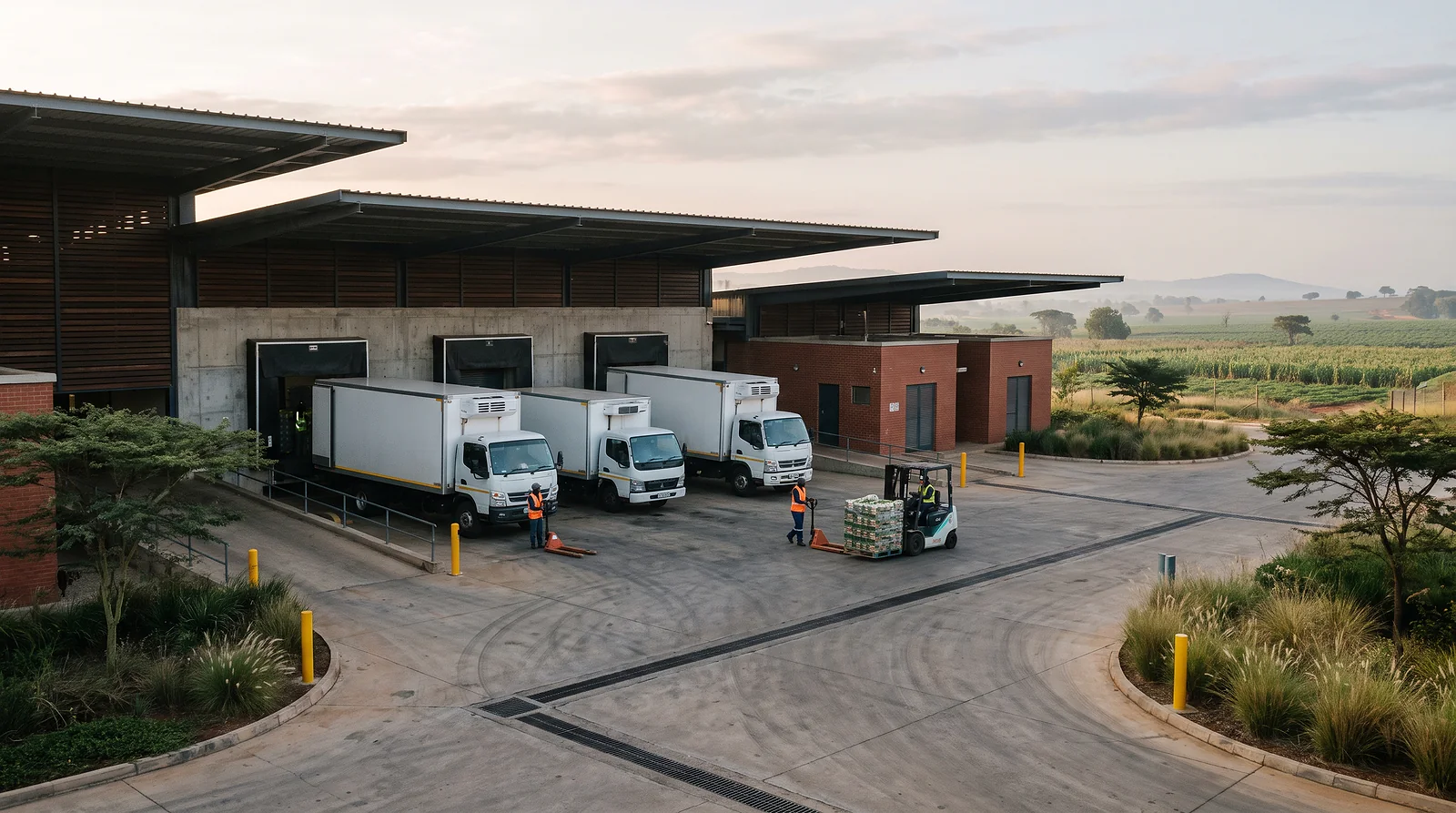 A dispatch yard with three refrigerated trucks